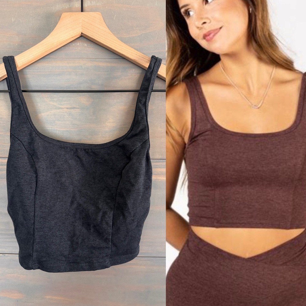 Ptula‎ Bare Warmth Crop Tank Charcoal Heather Grey Square Neck Athletic Top XS